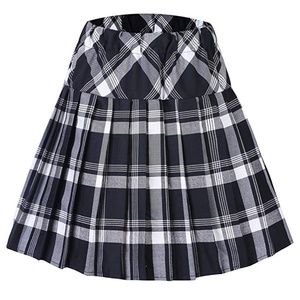Navy Elastic Waist Plaid Pleated Skirt, S